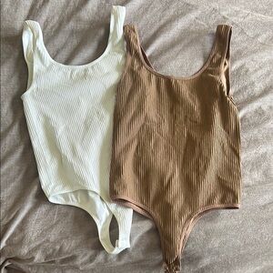 RD Style White and Brown Bodysuit Top